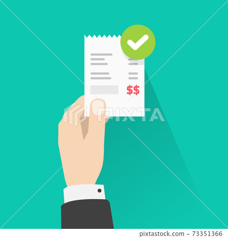 Person holding success approved payment paper receipt bill invoice vector flat cartoon isolated, man validated or verify pay notice checkmark online, successful paid status, completed money transfer 73351366