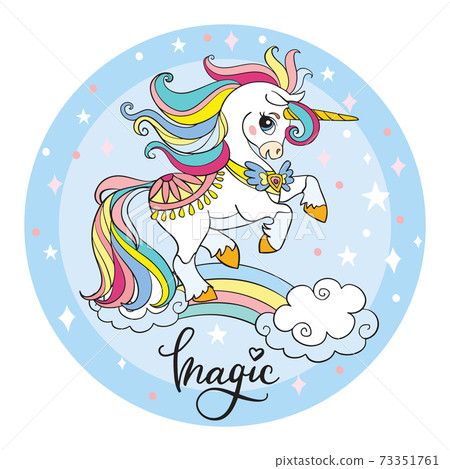 Cute cartoon unicorn vector illustration circle blue 73351761