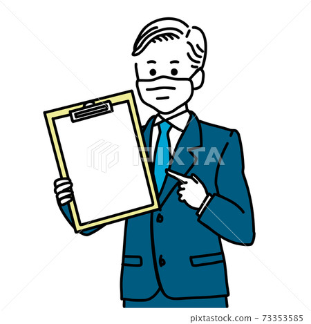 A businessman in a suit wearing a mask and pointing at the clipboard A businessman in a suit wearing a mask and pointing at the clipboard 73353585