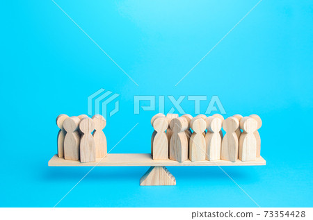 Majority and minority people are on opposite sides of the scale. Division of public opinion. Political process, democratic elections. Social studies statistics. Collective opinion polls. Support Group 73354428