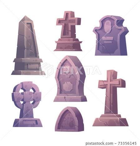Cemetery tombstones, graveyard buildings icons set 73356145