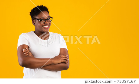 Happy Overweight African American Woman Posing Over Yellow Background, Panorama 73357167