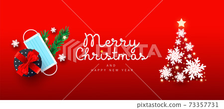 Merry Christmas and 2021 Happy New Year horizontal banner with decor gift box, snow, christmas tree, pine and protective medical mask on gradient background for poster, holiday banner Merry Christmas and 2021 Happy New Year horizontal banner with decor gift box, snow, christmas tree, pine and protective medical mask on gradient background for poster, holiday banner 73357731