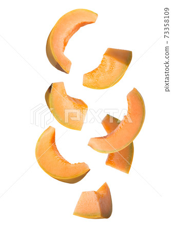 Falling sliced yellow melon isolated on white Falling sliced yellow melon isolated on white 73358109