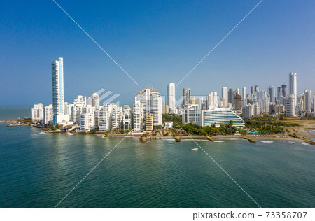 The modern Skyline and luxury hotel resort of Cartagena de Indians in Colombia on the Caribbean coast of South America aerial view 73358707