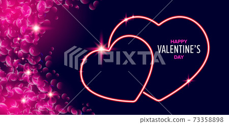 Valentines day greeting horizontal banner with pink neon heart and glowing pink petals isolated on background. Valentines day poster or greeting card with shiny pink layout and beautiful heart 73358898