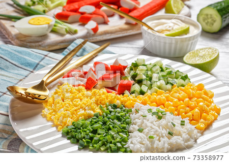Crab salad of surimi sticks on a white plate Crab salad of surimi sticks on a white plate 73358977