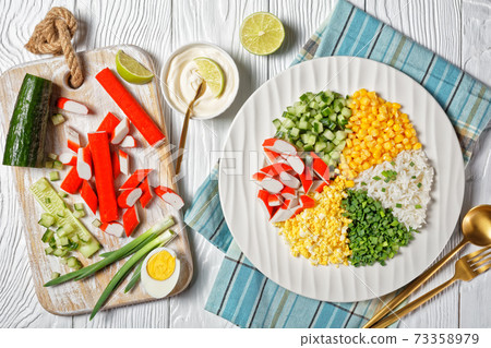 Crab salad of surimi sticks on a white plate Crab salad of surimi sticks on a white plate 73358979