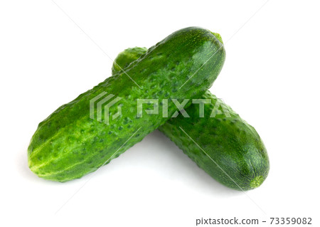 Fresh green cucumbers on a white background. Two cucumbers closeup isolated on white background. Fresh green cucumbers on a white background. Two cucumbers closeup isolated on white background. 73359082