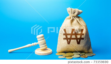 South korean won money bag and judge's gavel. Protection rights. Litigation, dispute resolution, conflict of interest settlement. Justice. Lawyer services. Awarding moral financial compensation. 73359690