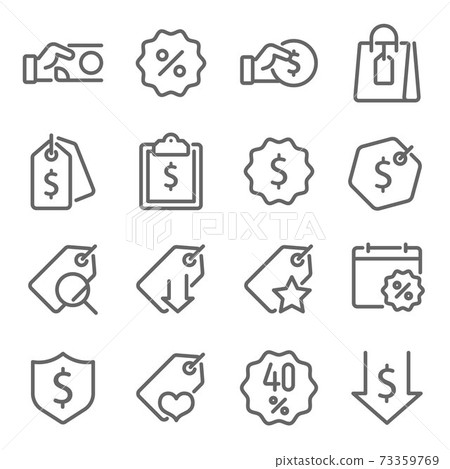 Pricing tag icon illustration vector set. Contains such icons as marketing, purchases, sale, price, label, discount, and more. Expanded Stroke 73359769