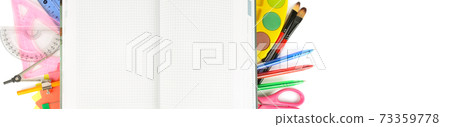 School supplies, isolated on pure white. Free space for text. Wide photo. School supplies, isolated on pure white. Free space for text. Wide photo. 73359778