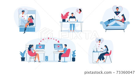 Flat cartoon characters couple in love communicate online,Valentine Day greeting card vector illustration set concept 73360047
