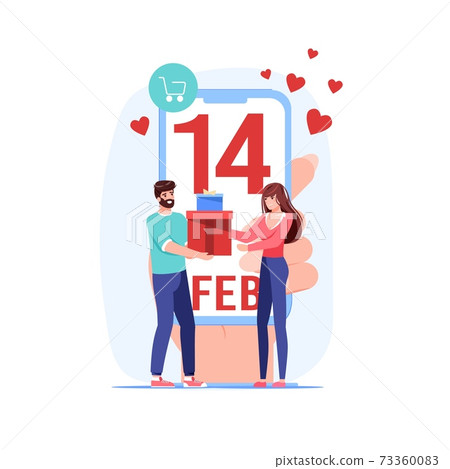 Flat cartoon characters couple,Valentine Day online gift present,greeting card vector illustration concept 73360083