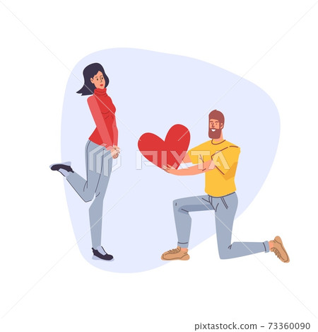 Flat cartoon characters couple,heart gifting,vector illustration concept Flat cartoon characters couple,heart gifting,vector illustration concept 73360090