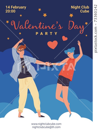 Flat cartoon characters in love,Valentine Day party flyer vector illustration Flat cartoon characters in love,Valentine Day party flyer vector illustration 73360142