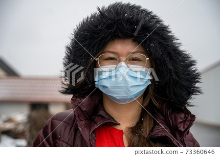 A teenage girl with in a winter jacket with a hood wearing a protective face mask. Picture in cold temperature and snow A teenage girl with in a winter jacket with a hood wearing a protective face mask. Picture in cold temperature and snow 73360646