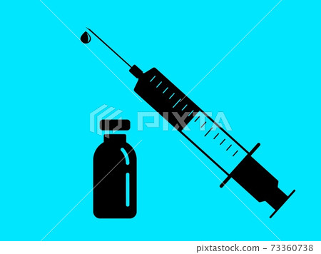 Vaccine bottle and syringe icon vector. Vaccination two step with black glass vial of drug blue immunization. Vaccine bottle and syringe icon vector. Vaccination two step with black glass vial of drug blue immunization. 73360738