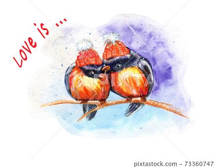 Watercolor card with two enamored birds on a branch Watercolor card with two enamored birds on a branch 73360747