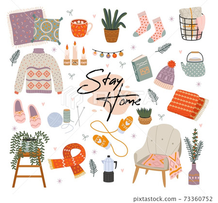 Cozy home. Scandinavian comfort hand drawn interior objects, apartment decorations and furniture, house pleasant winter hygge things, warm lamp atmosphere. Vector isolated set 73360752