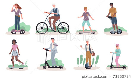 People riding ecology transport. Men and women drive personal street transportation, mobile electric movement. Characters riding scooter and skateboard, hoverboard and bike vector set 73360754