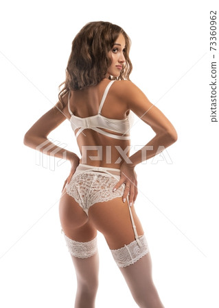 Seductive woman in lace underwear on white background 73360962