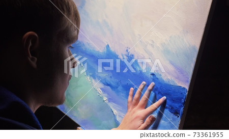 Artist copyist paint seascape with ship in ocean. Craftsman decorator draw as boat sail on blue sea with acrylic oil color. Artist copyist paint seascape with ship in ocean. Craftsman decorator draw as boat sail on blue sea with acrylic oil color. 73361955