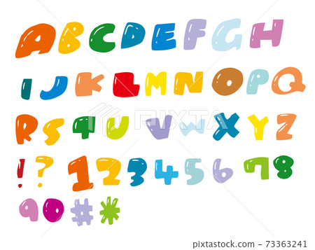 Alphabet, numbers, letters, hand-painted pop symbols, colorful 73363241