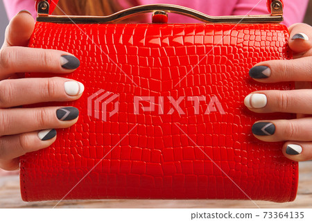Manicured hands holding luxury handbag. 73364135