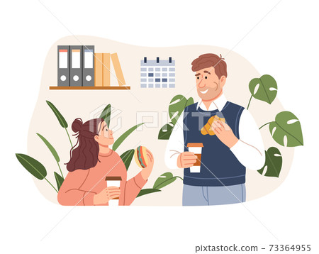 Young man woman have a business lunch time at office. Flat people dining, having a coffee break together concept. Smiling characters eating meal sandwich croissant coffee. Cartoon vector illustration Young man woman have a business lunch time at office. Flat people dining, having a coffee break together concept. Smiling characters eating meal sandwich croissant coffee. Cartoon vector illustration 73364955