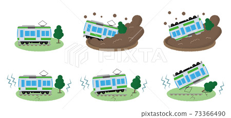 Vector illustration set of trains hit by earthquakes and landslides Vector illustration set of trains hit by earthquakes and landslides 73366490
