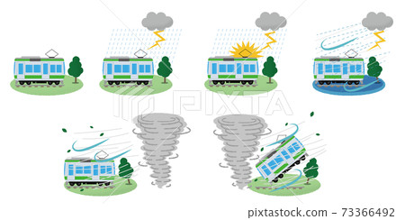 Vector illustration set of trains damaged by thunderstorms and tornadoes Vector illustration set of trains damaged by thunderstorms and tornadoes 73366492