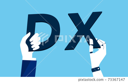 Hands of businessmen and robots with DX characters, vector illustration 73367147
