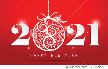 Happy New Year 2021 with beautiful chrisma ball on red background. Illustration for brochure, postcard, invitation card. 73369586
