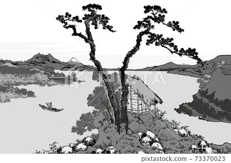 葛飾北齋圖像信州Lake訪湖黑白背景 葛飾北齋圖像信州Lake訪湖黑白背景 73370023
