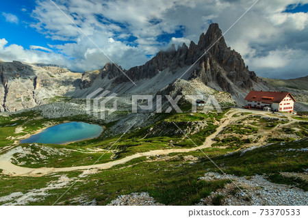 Colorful lake and hackly mountain ridges,Monte Paterno,Dolomites,Italy Colorful lake and hackly mountain ridges,Monte Paterno,Dolomites,Italy 73370533