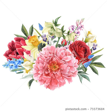 Beautiful image with watercolor gentle blooming flowers. Stock illustration. 73373684