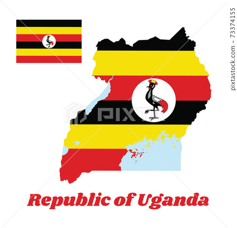 Map outline and flag of Uganda, with name text Republic of Uganda. 73374155