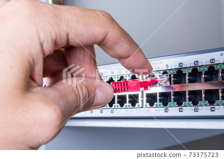 hand with red ethernet cable 73375723
