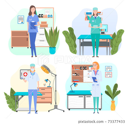 Man and wooman doctors in their workplaces in medical office set. Health protection concept 73377433