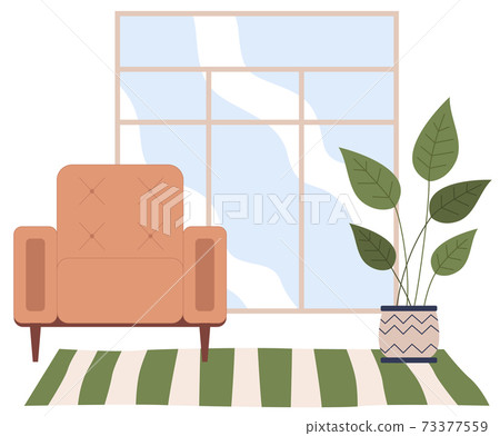 Beige armchair, potted plant on striped carpet. Living room furniture design, modern home interior 73377559