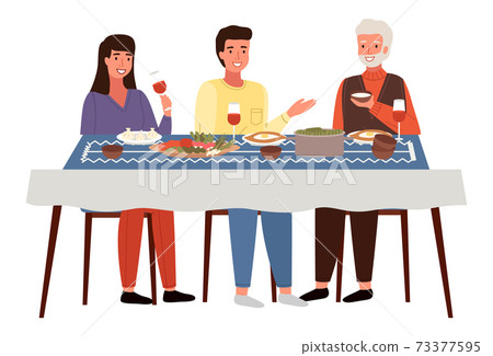 The family dines with Georgien-style food. Georgians at dinner isolated on white background The family dines with Georgien-style food. Georgians at dinner isolated on white background 73377595
