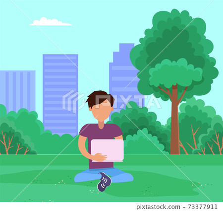 Man sitting on grass in the park and working on laptop. Guy spends time outdoors vector illustration Man sitting on grass in the park and working on laptop. Guy spends time outdoors vector illustration 73377911
