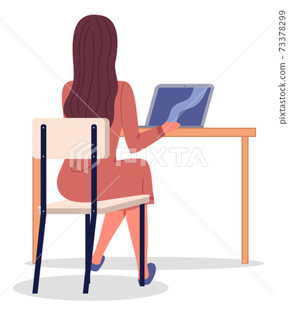 Business woman sitting on a chair at the table and laptop. Project work, workflow. Flat image Business woman sitting on a chair at the table and laptop. Project work, workflow. Flat image 73378299