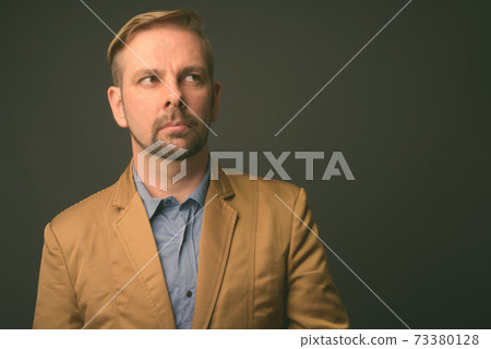Blond bearded businessman with goatee against gray background Blond bearded businessman with goatee against gray background 73380128
