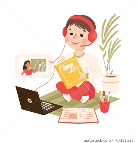 Boy in Headphones Studying Online Using Laptop Computer, Homeschooling, Distance Learning Concept Cartoon Style Vector Illustration 73381186