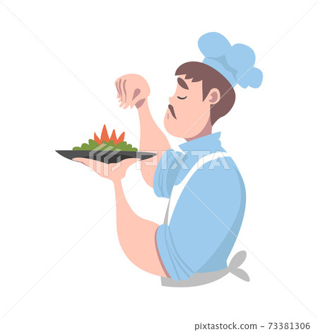 Chef Serving Dish on Plate, Cook Character in Hat and Apron Cooking in the Kitchen Cartoon Style Vector Illustration 73381306