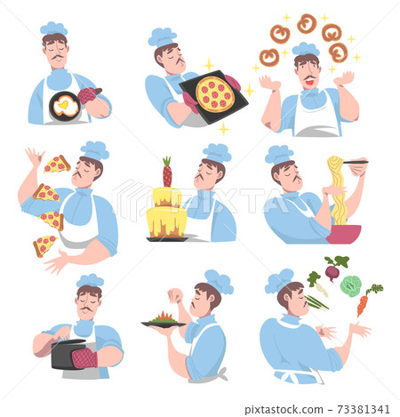Chef Cooking in the Kitchen Set, Cook Character in Hat and Apron Cooking, Baking and Serving Delicious Dishes Cartoon Style Vector Illustration 73381341