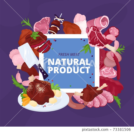 Meat ingredient, natural steak shop for barbecue vector illustration. Ham, bacon, pork product for restaurant, market from farm. 73381506