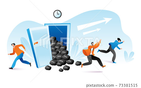Time to pay tax, people run escape from finance problem vector illustration. Cartoon man woman character avoid debt document banner. Time to pay tax, people run escape from finance problem vector illustration. Cartoon man woman character avoid debt document banner. 73381515
